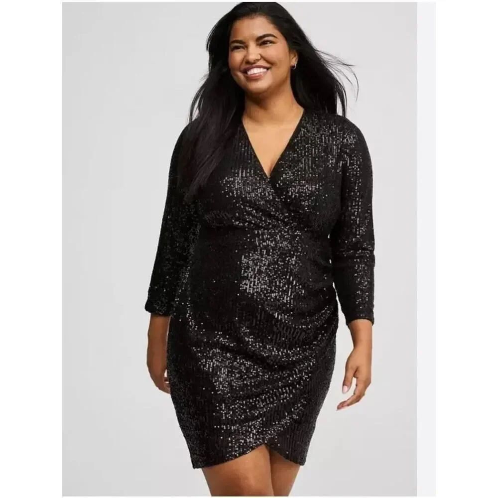 Torrid Size 2 Black Sequin Wrap Dress Long Sleeve Plus Size Party Cocktail